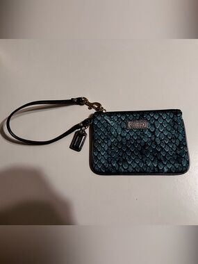 Coach Teal Snake-Print Wristlet with grey Strap